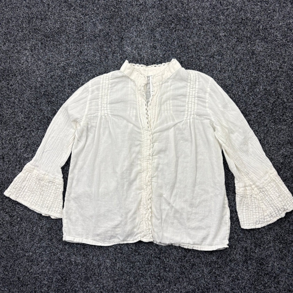 Rockflowerpaper Womens White Cotton Gauze Pintuck Lace Bell Sleeve Blouse Size M